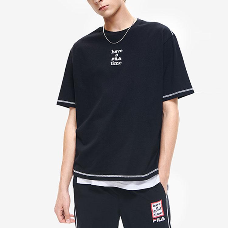 FILA X HAGT Collaboration Loose Casual Sports Printed Embroidered Letter Short Sleeve Drop Shoulder T-Shirt Unisex Tops Black F11U229105F-BK