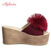 Fashion Aphixta  Hairball 3.54 Inch/9cm Wedge Heels Mule Black Slides Beach Platform Women Slippers Female Sandals Clog Shoes Women
