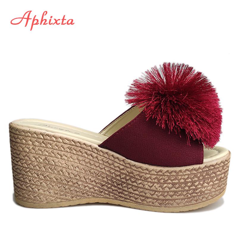 Fashion Aphixta  Hairball 3.54 Inch/9cm Wedge Heels Mule Black Slides Beach Platform Women Slippers Female Sandals Clog Shoes Women