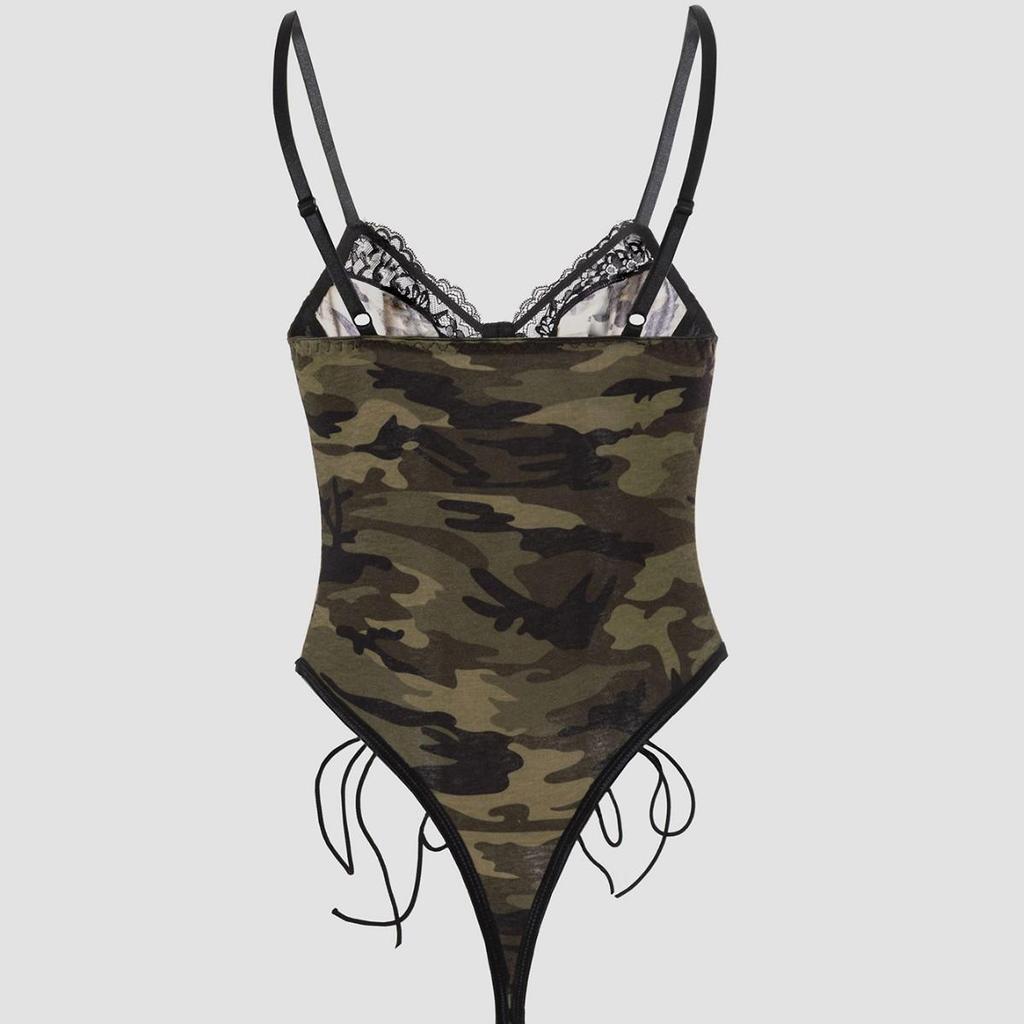 Quick-Delivery Camouflage Lace Hollow-Out Bandage Bodysuit