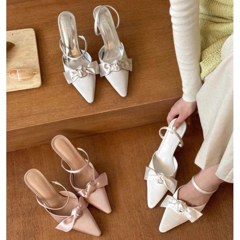 Fashion New Female Pointed Toe Ladies Low Heel Pumps Shoes Slip on Footwear Shallow Fashion Butterfly-Knot Women Thin Heels Shoes Slides
