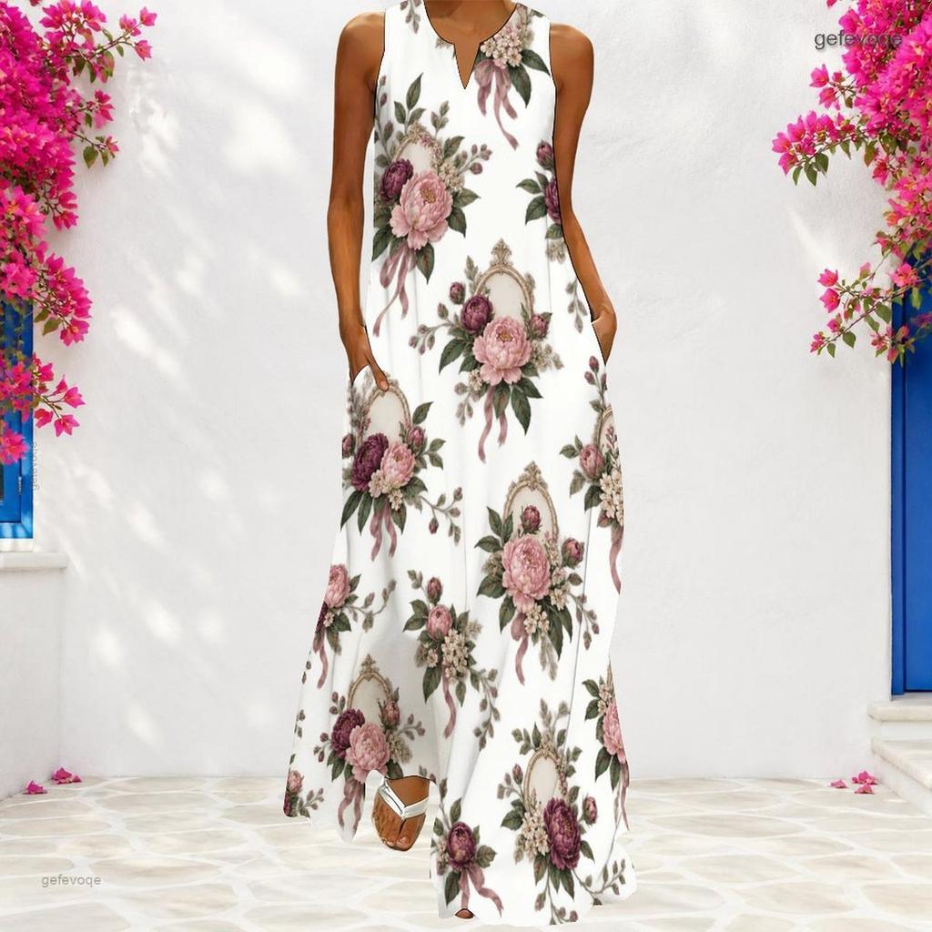 Women Plus Size Notch Neck Sleeveless Floral Printed A Line White Maxi Dress