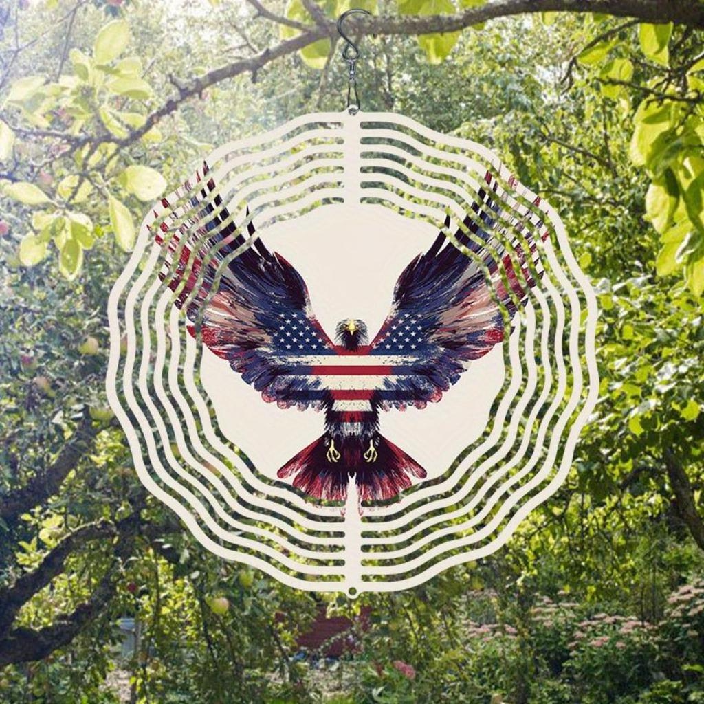 1pc Patriotic Eagle & American Flag Metal Mandala Wind Chime - 360° Rotating Hook, No Batteries Needed, Durable Outdoor Garden & Balcony Decor