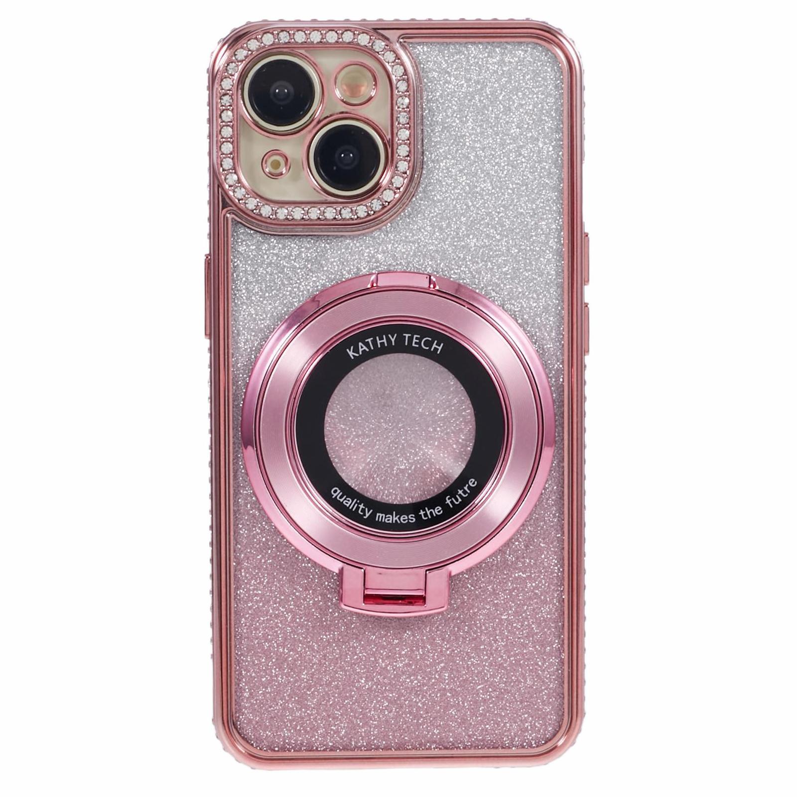 

For iPhone 15 Plus Gradient Case Kickstand Shiny Rhinestone Decor TPU Phone Cover Rose Gold
