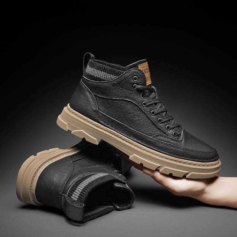 High Top Men's Shoes Autumn and Winter Men's Anti-skid Leather Shoes Waterproof Casual Men's Motorcycle Boots