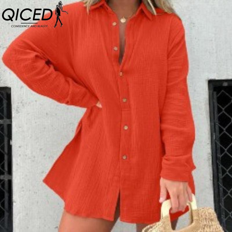 

QICED Женская рубашка из мятой ткани с длинным рукавом и шортами с высокой талией, модный повседневный комплект из двух предметов XXXXL оранжевый