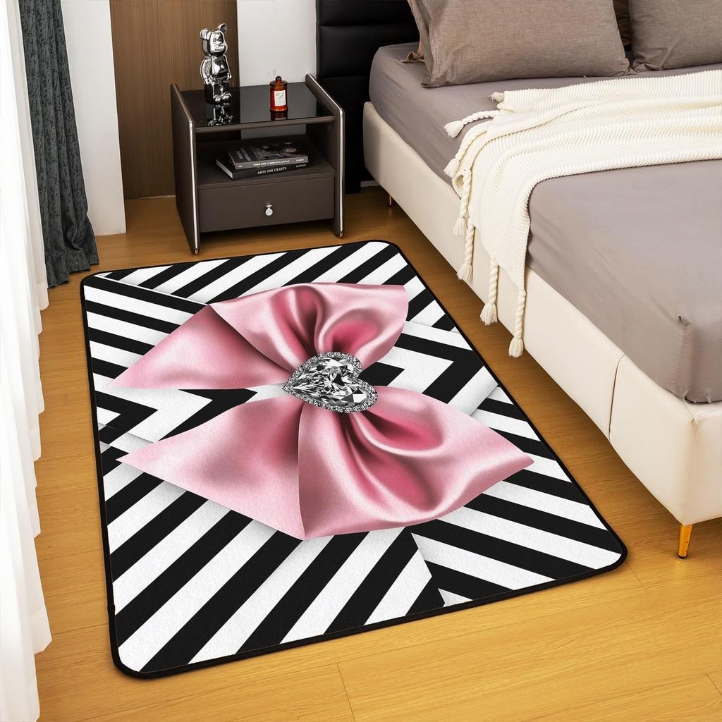 Erosebridal Bowknot Living Room Rugs for Girls, Girly Bow Knot Decorative Carpet Stripes Diamond Area Rug 6'6" x 4'11" for Kids Women, Kawai