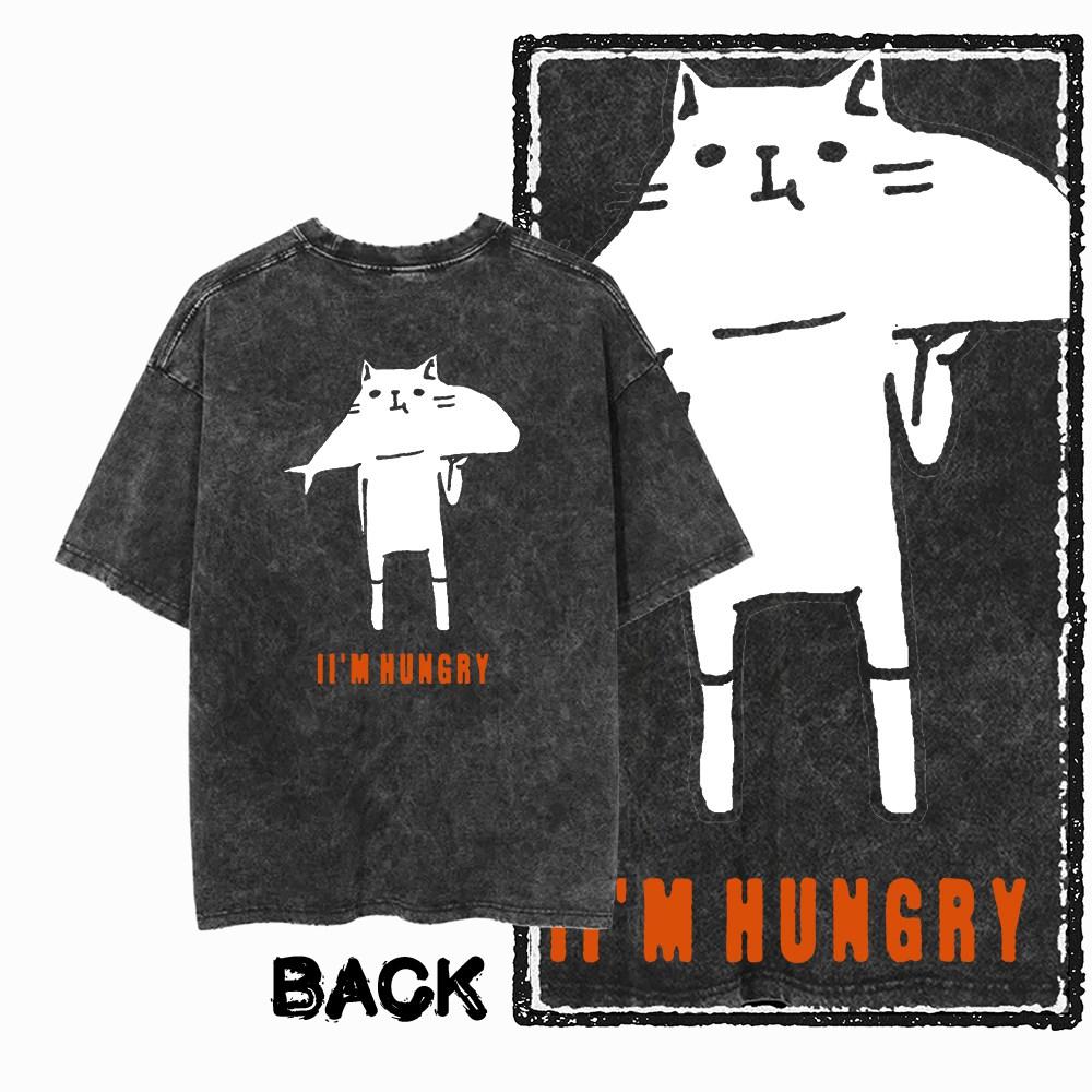 G Back Print Acid Washed Cotton oneck Cat Graphic Unisex Tshirt Streetwear Big Size Cool Vintage Unisexs Tee Tshirt