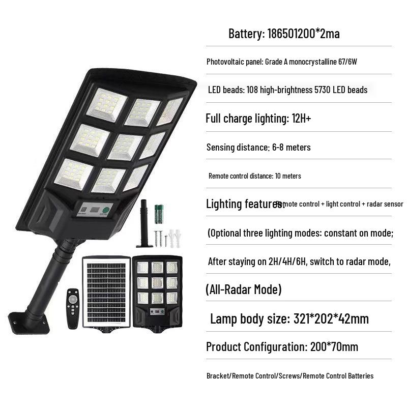 Solar Street Light with Three-Sided Illumination & Remote Sensor - Waterproof Courtyard Wall Light