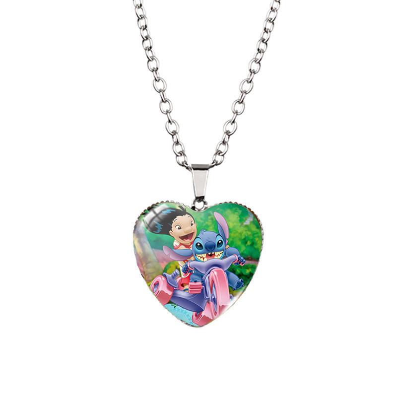 Adorable Stitch Cartoon Heart Necklace For Kids With Stunning Glass Pendant And Alloy Chain