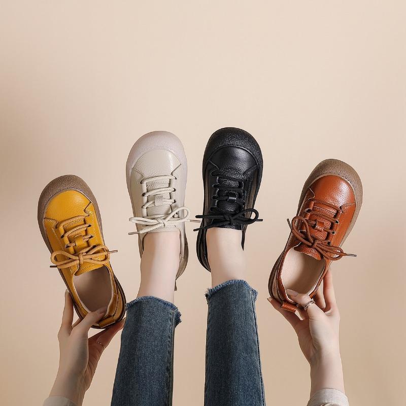 Genuine Leather Shoes Women Flat Casual Shoes Soft Cow Leather Brand Shoes Black Yellow Comfortable Plus Size 41