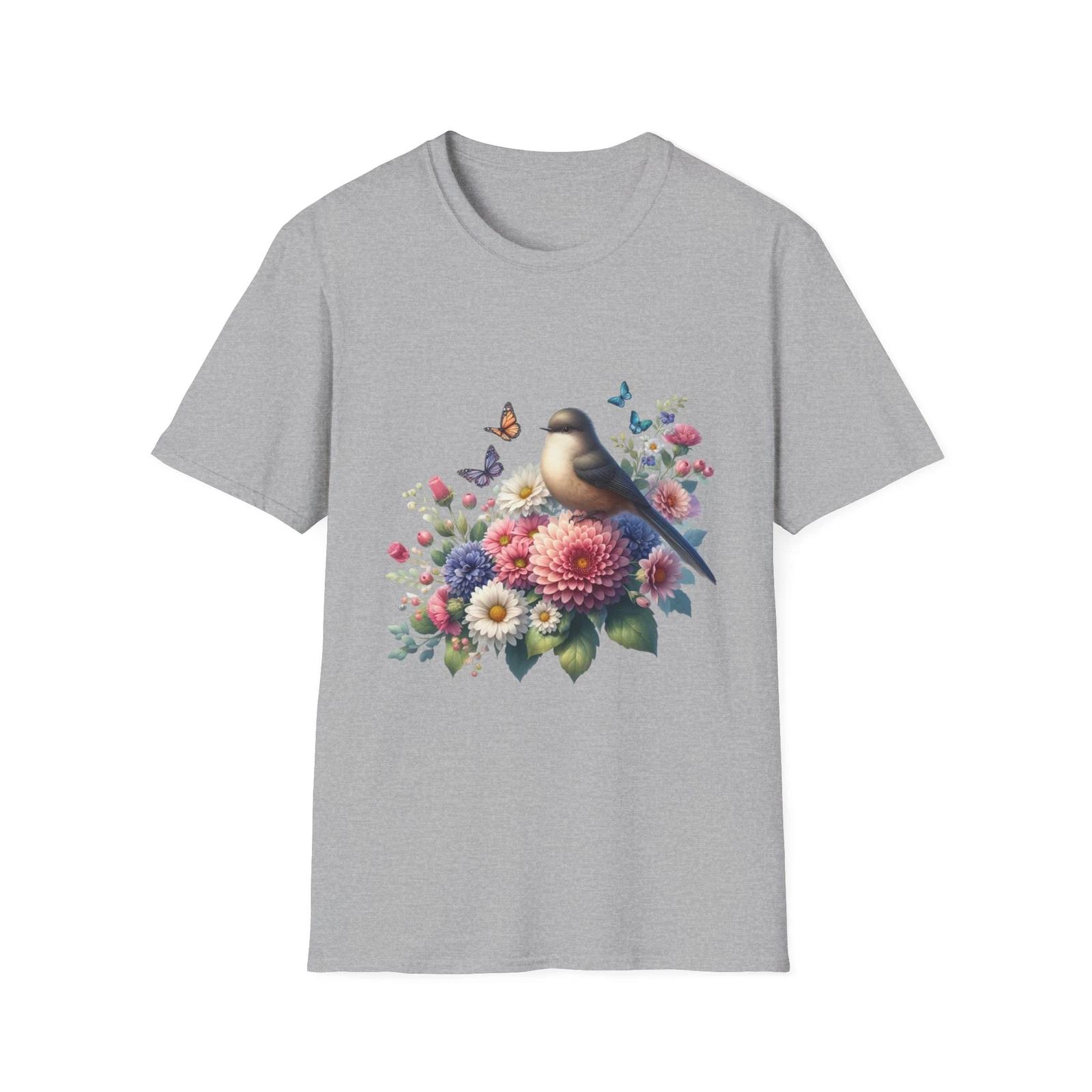 Floral Bird T-Shirt - Nature Lover Gift, Summer Style, Casual Wear, Eco-Friendly S