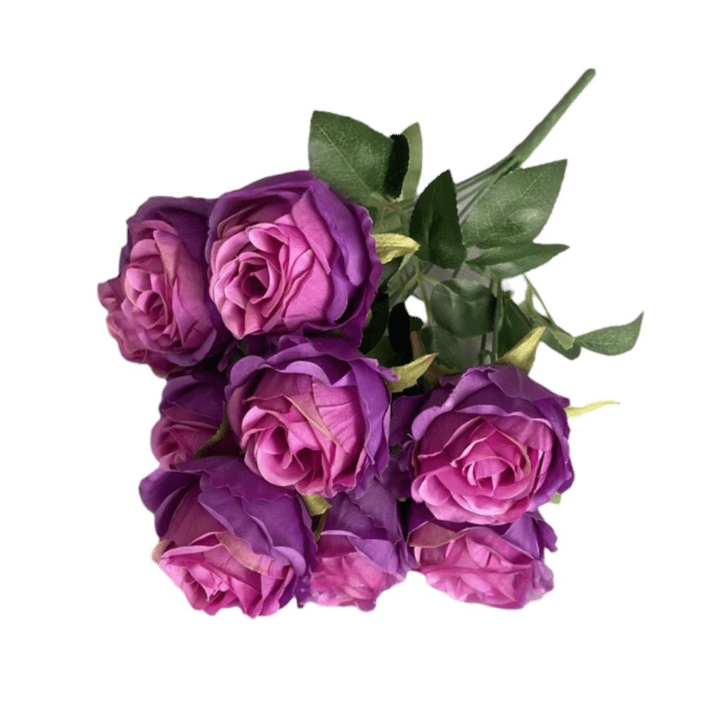 Multicolor Rose Artificial Flower 9 Heads Silk Petal Faux Rose Green Leaves Desktop Ornament Flower Bouquet Home Decoration