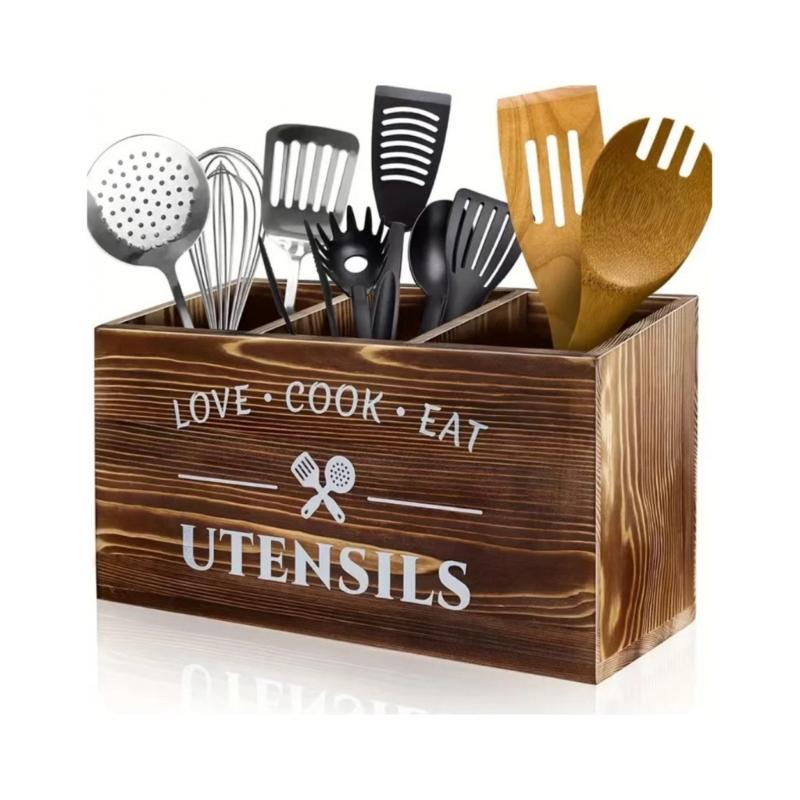 Porta Utensili in Legno Rustico Con Scomparti Profondi Per Organizzare Oltre 40 Strumenti e Accessori da Cucina
