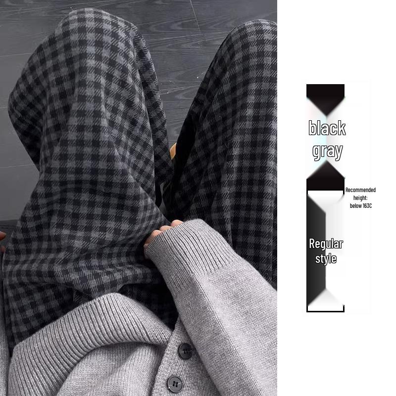 Women's Retro Plaid Wool Fleece-Lined Wide-Leg Pants - Casual Loose Fit for Autumn and Winter