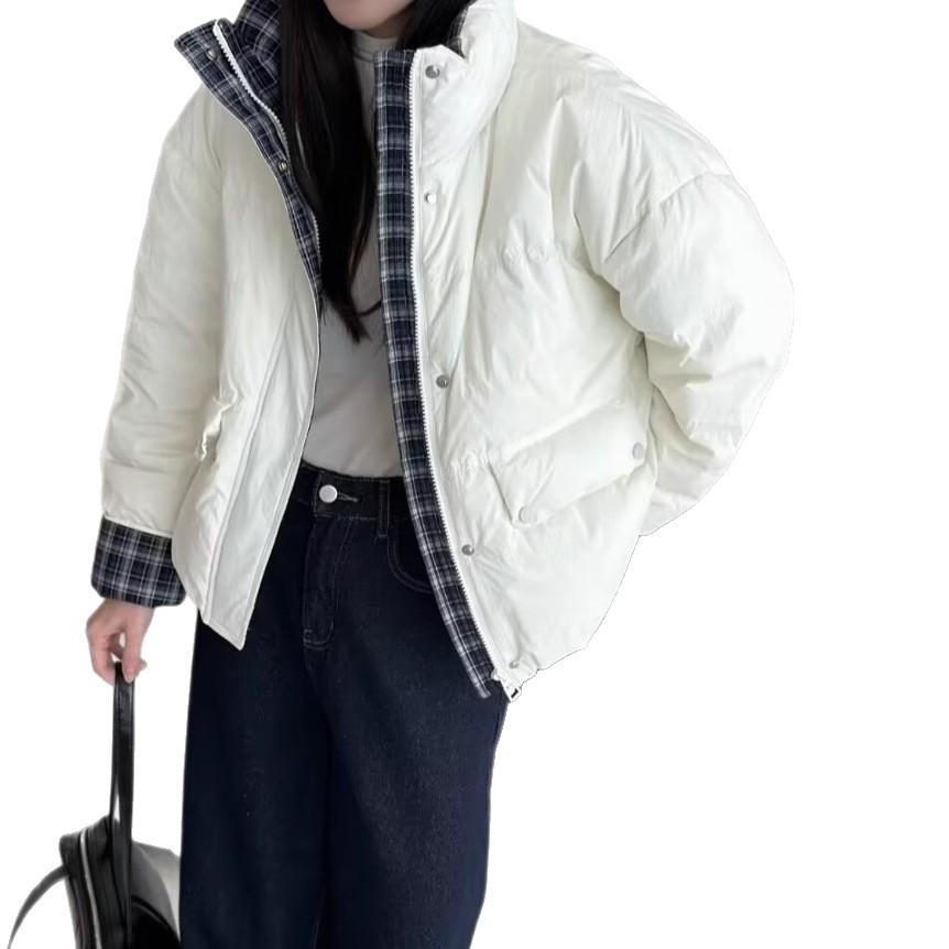 Premium stand-up collar short down jacket women's white duck down winter retro plaid splicing thickened bread jacket