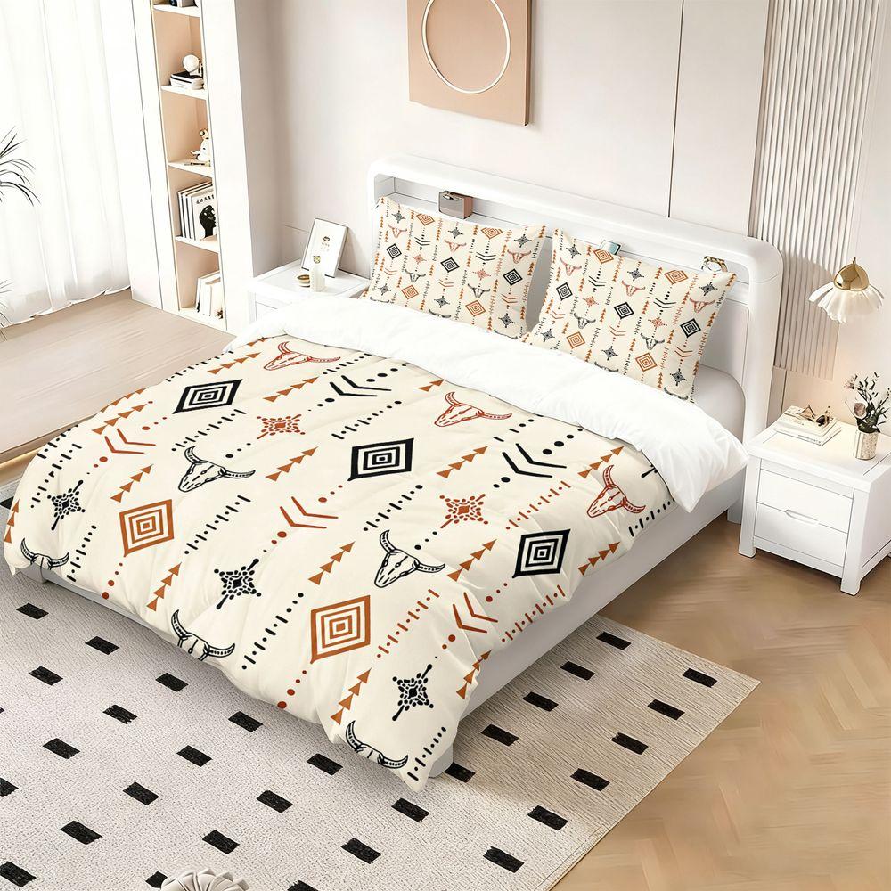 Southwestern Native American Style Duvet Cover Set(1 Duvet Cover & 1/2 Pillowcase) Geometric Bull Skull Print Boho Bedding Set