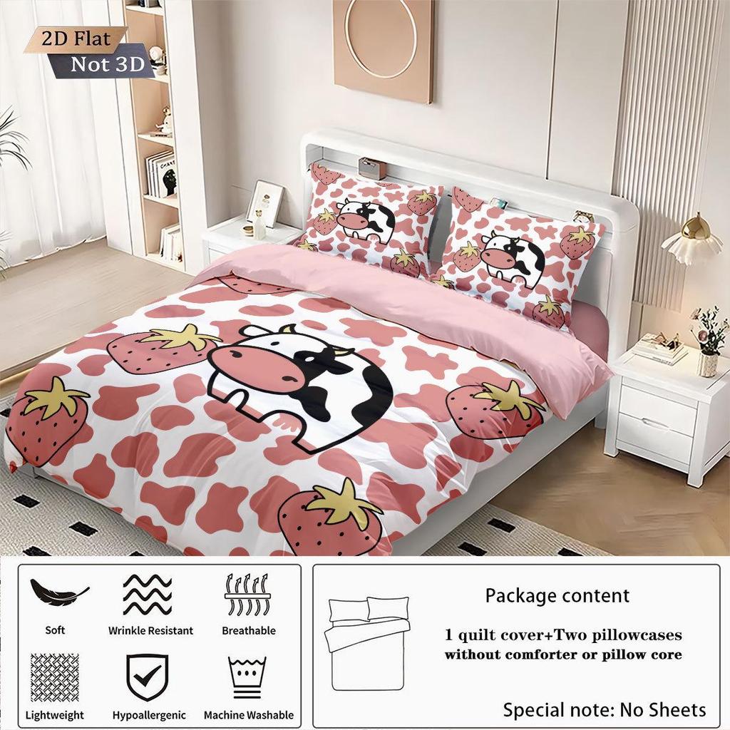 Meikeduo Pink Cartoon Cow Duvet Cover Set - 3-Piece Bedding for Bedroom/Guest Room