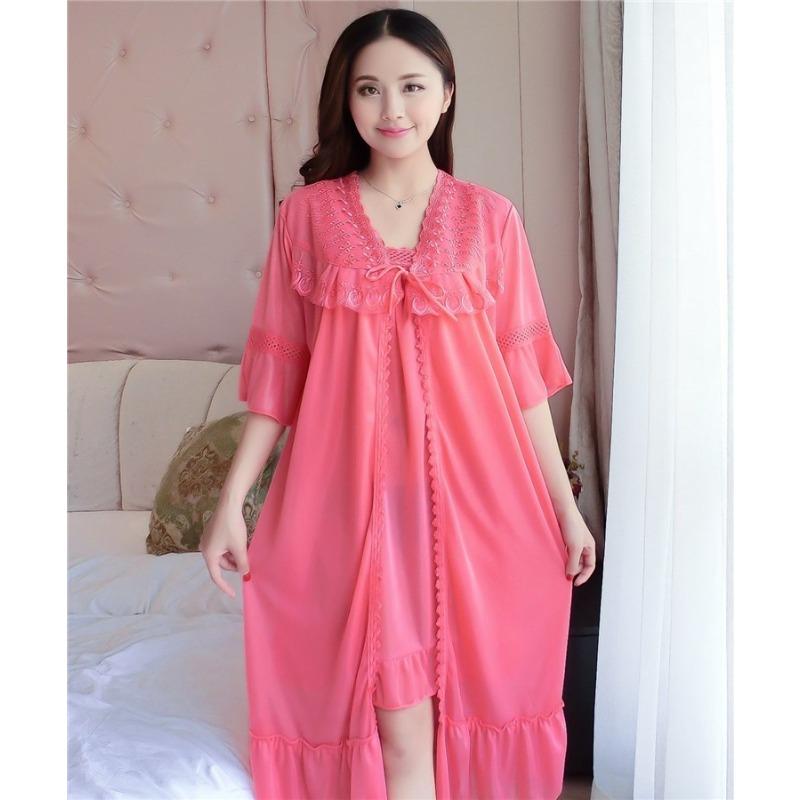 Summer Ladies Plus Size Ice Silk Two-piece Lace Homewear Sling Nightdress