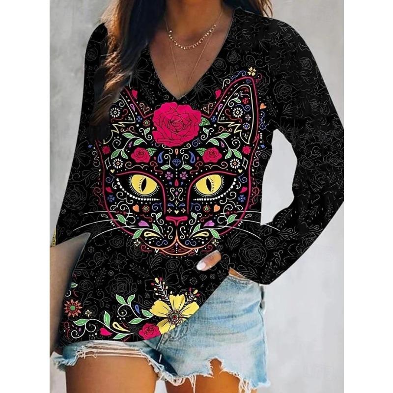 Damen T-Shirt Grafik Tier Libelle Elegant Mode T-Shirts Langarm T-Shirts V-Ausschnitt Reguläre Oberteile Pullover Herbst