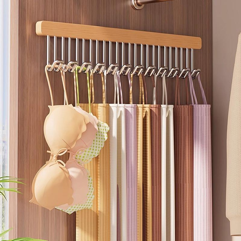 Wooden Wall Hanging With Telescopic Drying Rack With Stainless Steel Hook Pull-Out Space Saving Underwear Tank Top Organizer