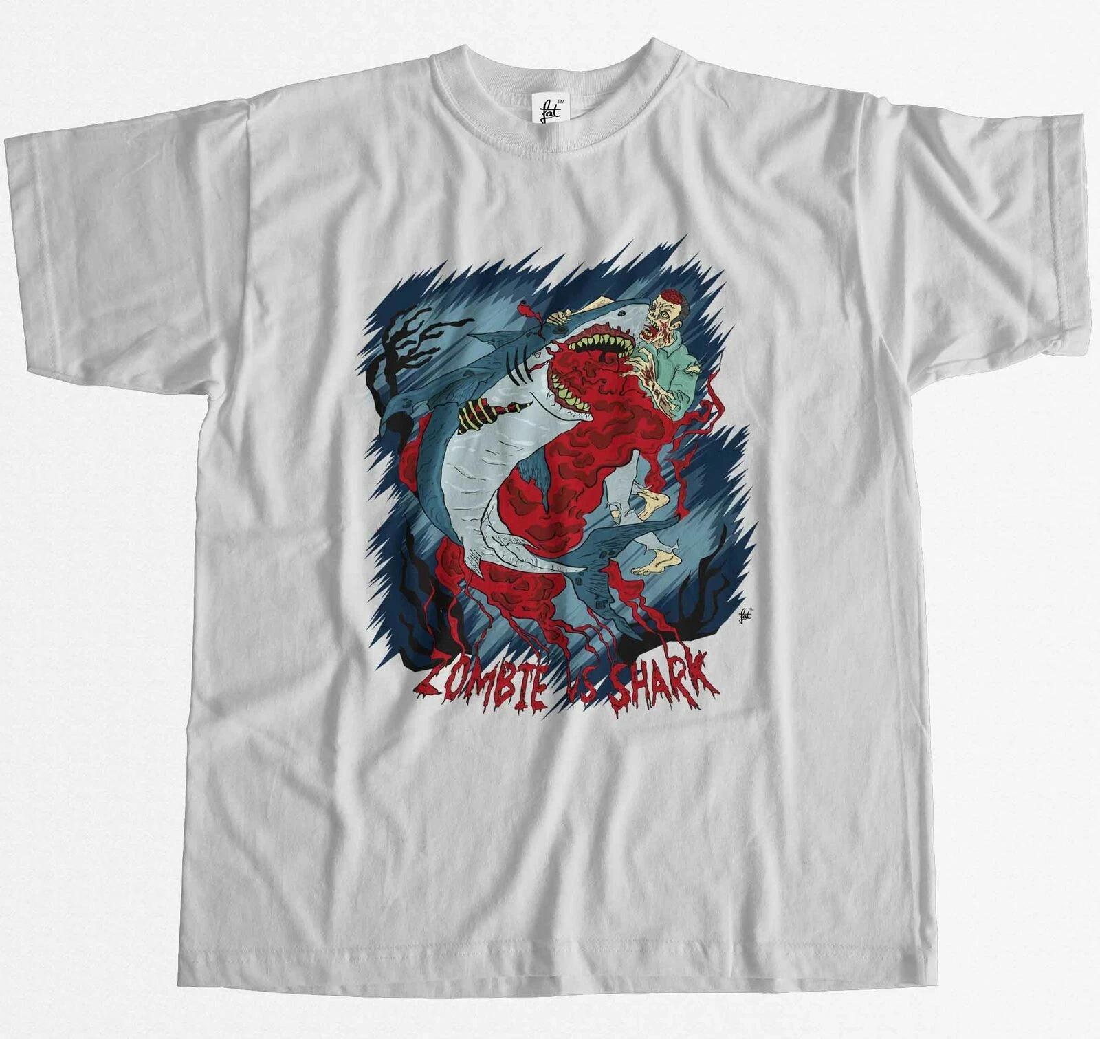 Zombie Vs Great White Shark Epic Fight Blood Brains Mens T-Shirt XS