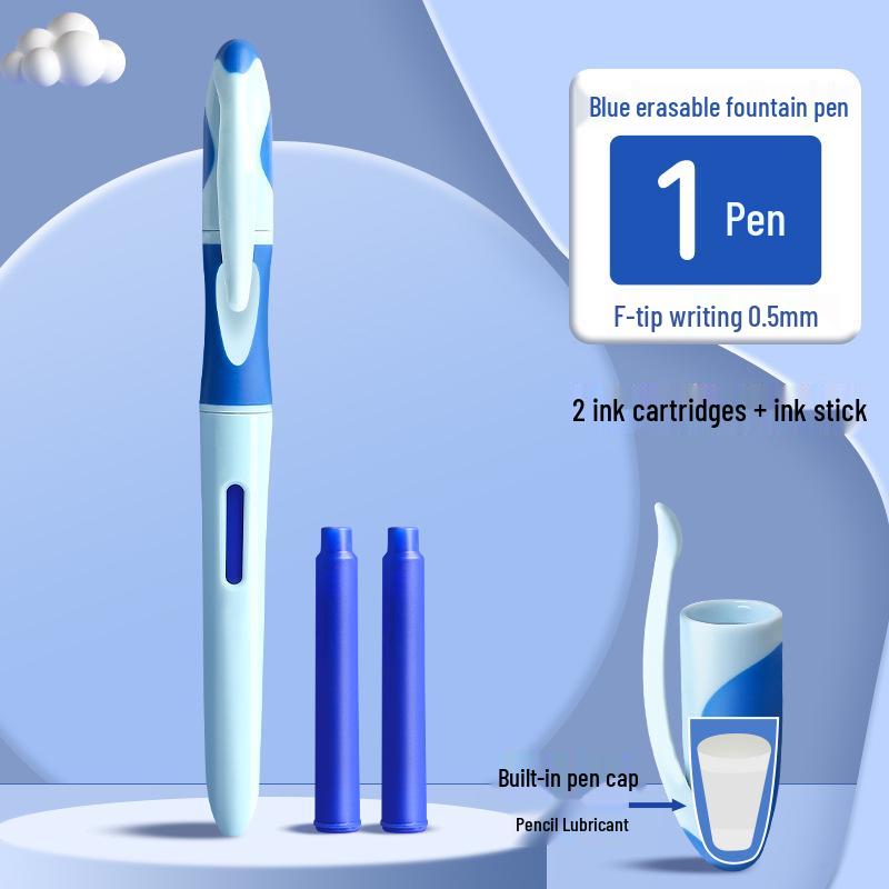 Erasable Heat-Sensitive Fountain Pen for Third-Graders, Ergonomic Design with Replaceable Crystal Blue Ink Cartridge