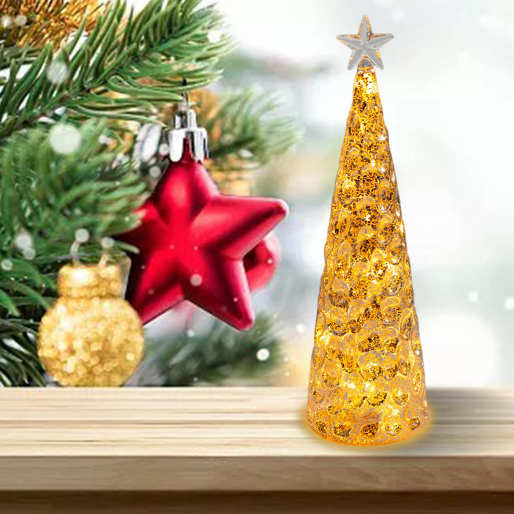 Artificial Glass Christmas Tree with LED Lights Battery (Not Included) Operated Figurine Small Glowing Lamp for Holiday Decor