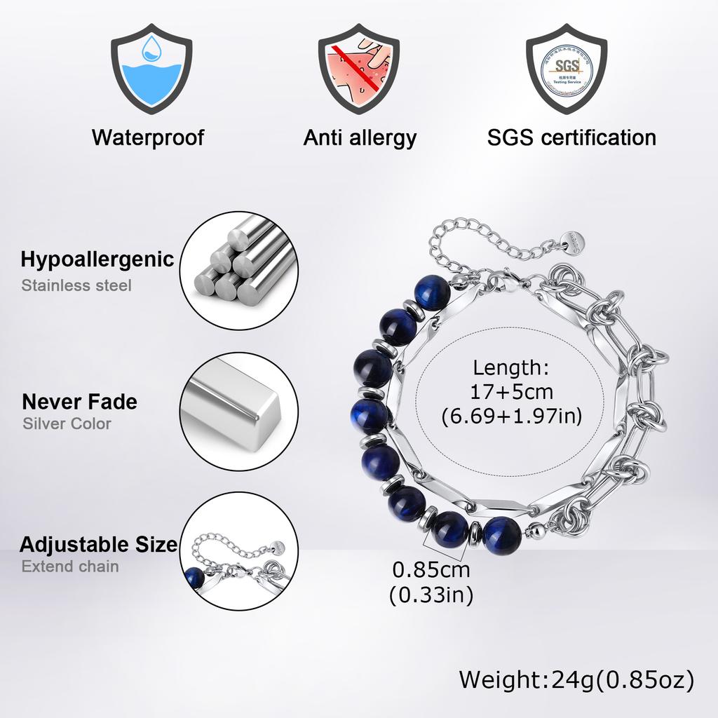 Trendy Hip Hop Double-layer Link Blue Tiger Eye Bracelet for Men, Stainless Steel Splicing Chain Natural Stone Bracelets Jewelry