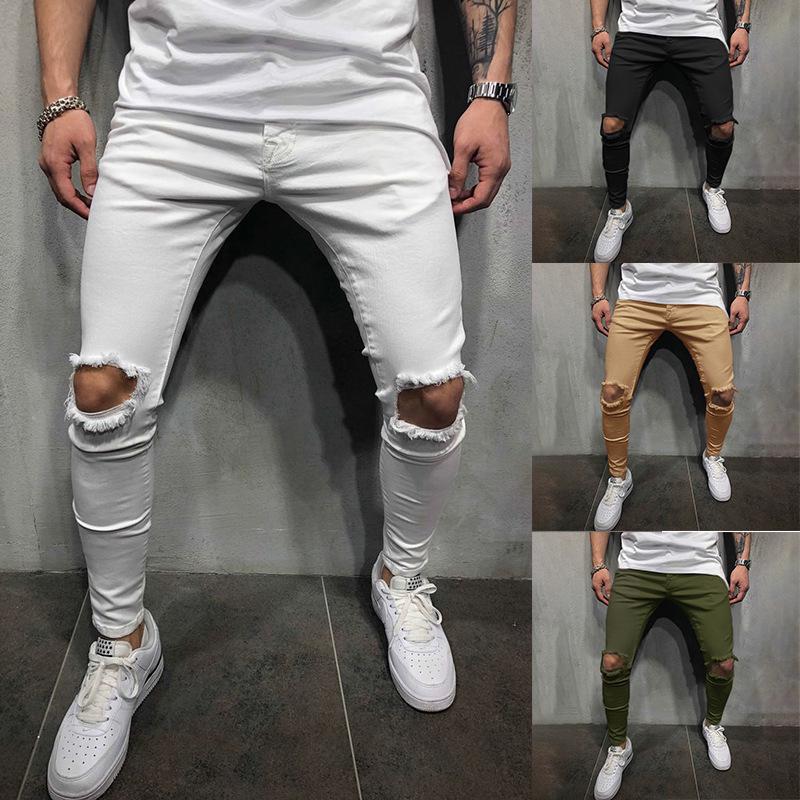 

Men s European & American Style Skinny Fit Casual Solid Color Ripped Mid-Waist Pants XL чорний