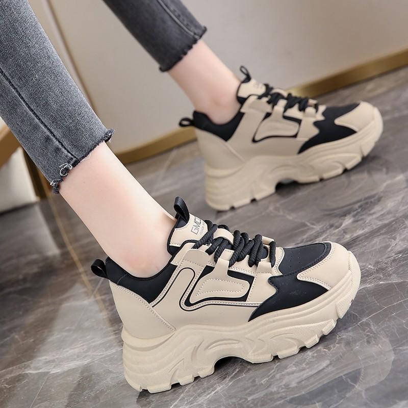 Inner heightening dad shoes women's new leather non-slip thick-soled women's shoes stepping on shit-feeling sneakers