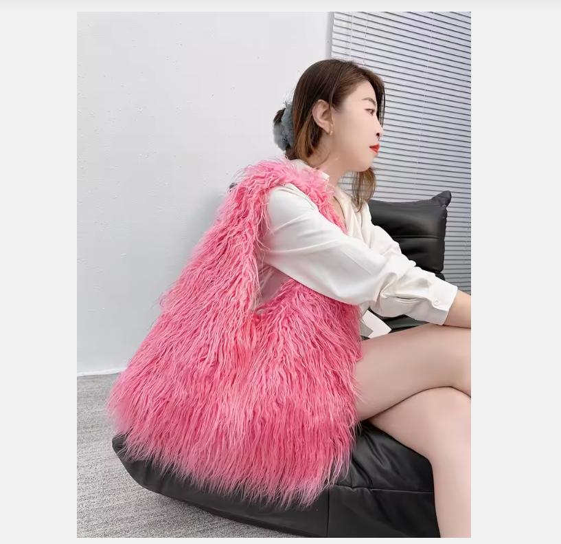 2025 NEW Wool Women's Plush Shoulder Bags Y2k Hot Girls Faux Fur Drawstring Bucket Bag Fashion Female Furry Purse Tote Handbags