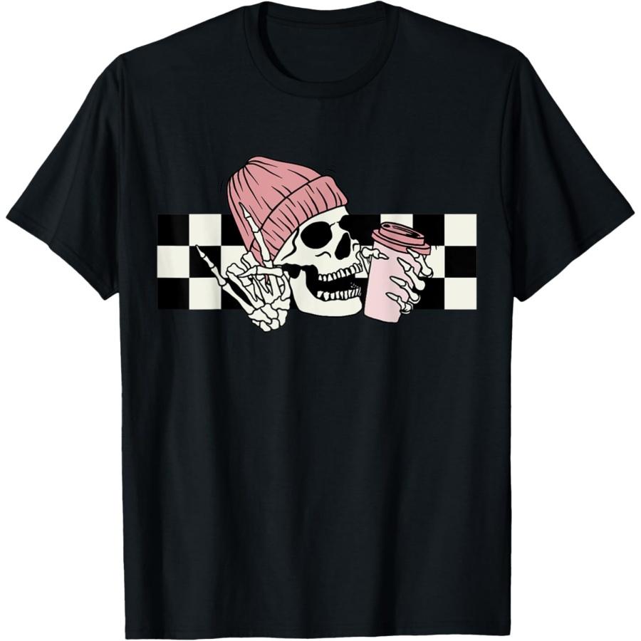 Skeleton Peace Sign Coffee Checkerboard T-Shirt XXXXXL чёрный