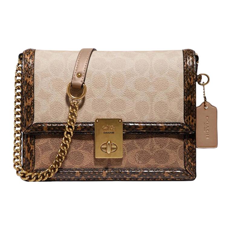Coach Hutton 21 Classic Monogram Color Block Personality Leather And Snakeskin Coated Canvas Small Shoulder Crossbody Bag Women Bags Brown 89068-B4PVR