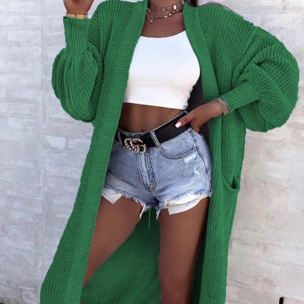 Chun-needle Knitted Sweater for Autumn and Winter Women's Outerwear, Solid Color Large-sized Long Pocket Cardigan Coat