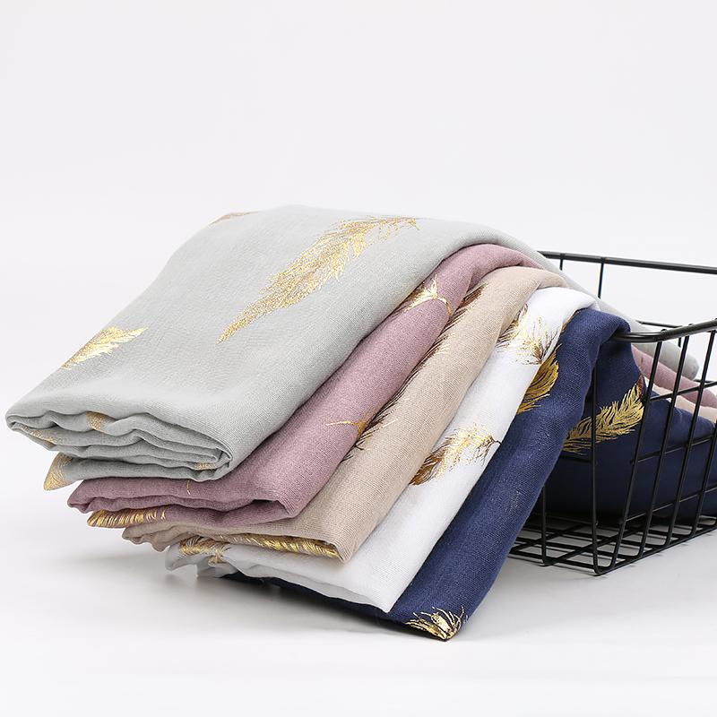 Bronzing Feathers Cotton Hijab Scarf For Muslim Woman Hijabs Shawl Viscose Soft Headband Ethnic Islam Turban Female Headscarf