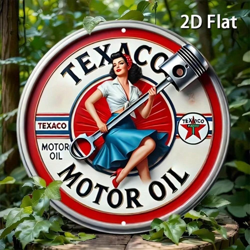Vintage Texaco Motor Oil Retro Tin Sign Round Metal Wall Art Decor