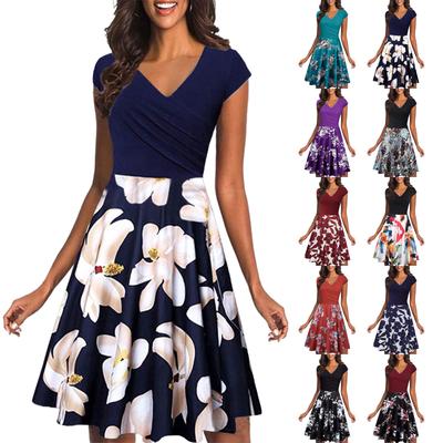 Women's Casual Fashion Print Short Sleeve V-Neck Knee-Length Party Dress