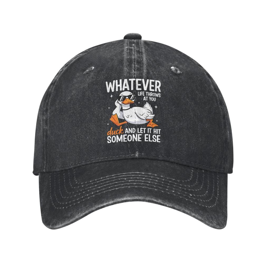 Whatevers Life Throws At You Duck Baseball Caps Unstructured Unisex Funny Pun Distressed Cotton Snapback Cap Outdoor Gift Hats