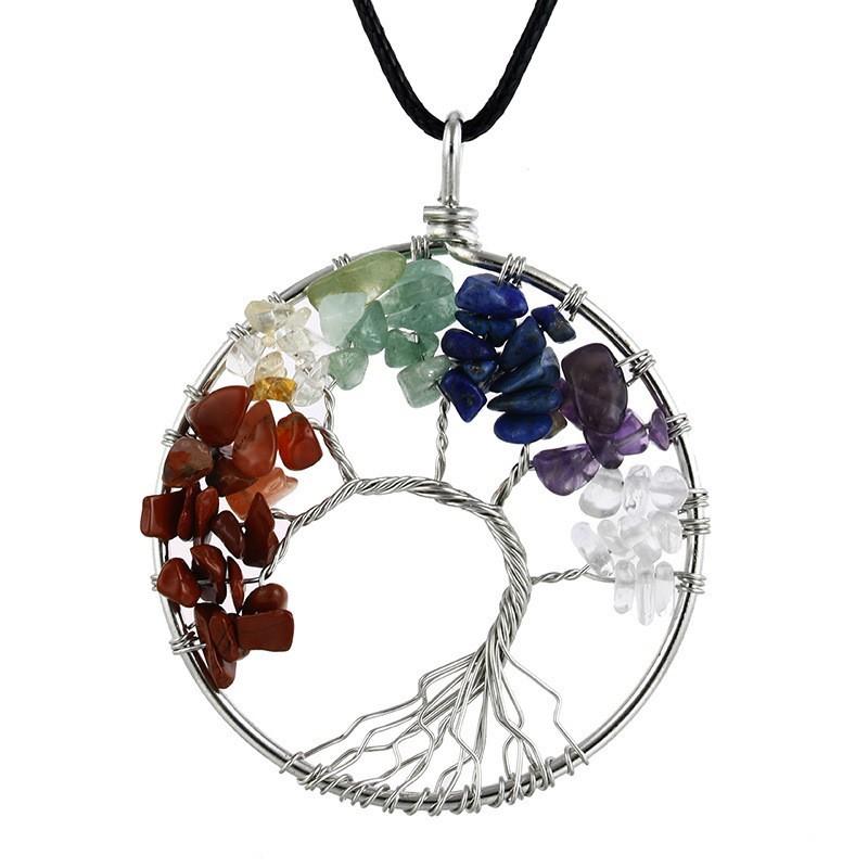 Natural Stone Irregular Tree Of Life Necklace Pendant Amethyst Wrapped Wisdom Tree Necklace Colorful Gravel N02