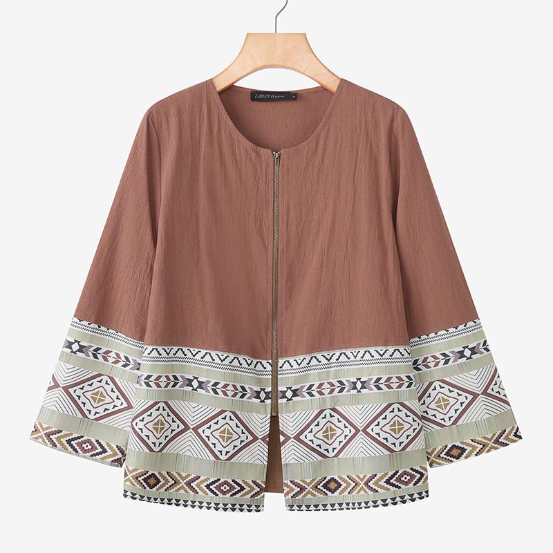 ZANZEA Women Casual Round Neck Long Sleeve Ethnic Print Loose Zipper Blouse