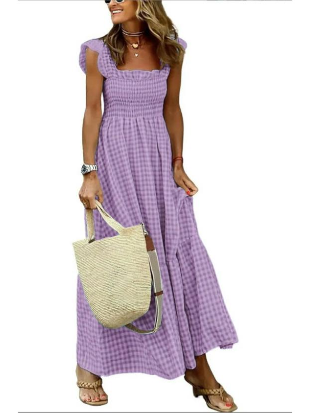2025 Summer Women's Patchwork Plaid Spaghetti Strap Swing Dress