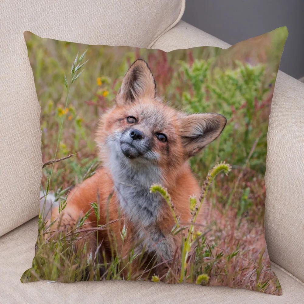 Cute Wild Fox Print Pillowcase Decorative  Animal  Polyester Cushion Cover for Sofa Home Car