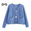 Knit Cropped Cardigan Sweater V-Neck Long Sleeve Buttons Down Loose Fit Sweater Coat with Pockets Solid Color Knitwear