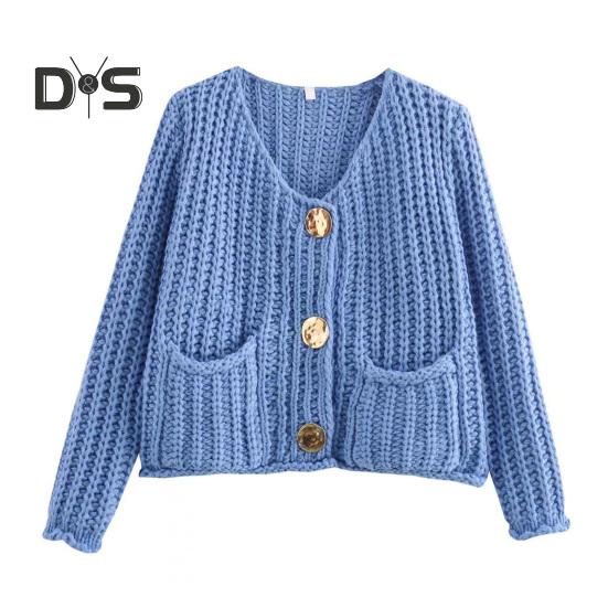 Knit Cropped Cardigan Sweater V-Neck Long Sleeve Buttons Down Loose Fit Sweater Coat with Pockets Solid Color Knitwear
