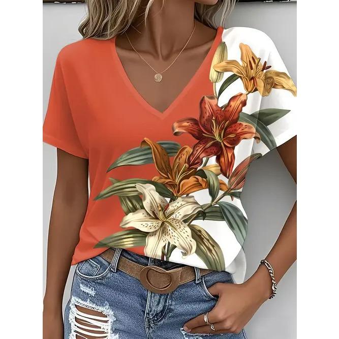 Summer V-neck 3D Flower Themed Pattern Printed Top Fashionable Casual Short Sleeved Women's T-shirts
