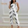 Women Jumpsuit Sleeveless Color Matching Printed Lace-up Bow Cross Back Pockets Ankle-banded Backless High Waist Lady Commute Party