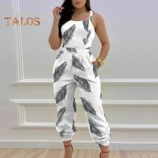 Women Jumpsuit Sleeveless Color Matching Printed Lace-up Bow Cross Back Pockets Ankle-banded Backless High Waist Lady Commute Party