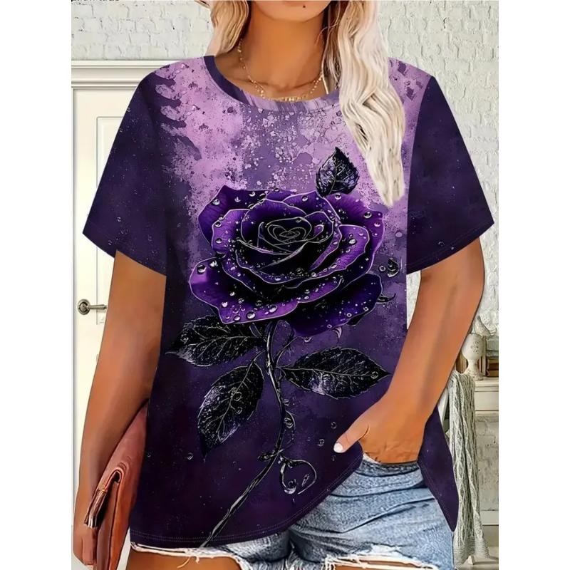 Fashion Women's Crew Neck Short Sleeve 3D Flower Color Printing Flower Short Sleeve Crew Neck T-Shirt