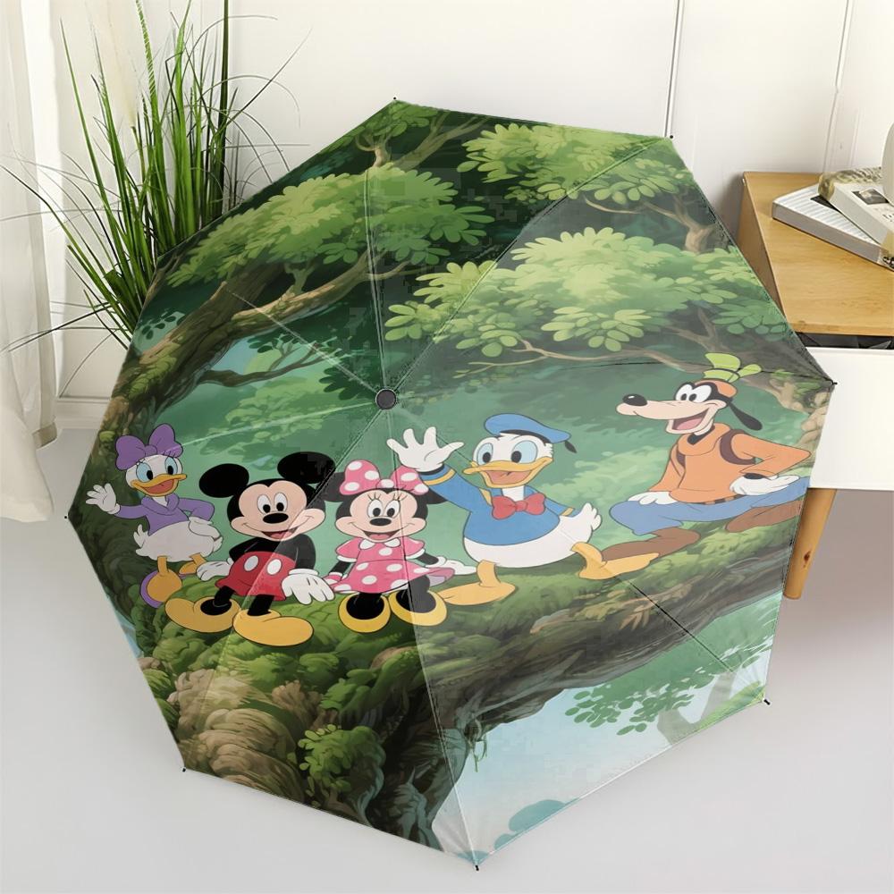 

Disney Mickey Mouse Minnie Donald Daisy Duck Goofy Tree Branch Print Folding Umbrella, Auto Open/Close Windproof Travel Umbrella (as the picture,Iron&8K)